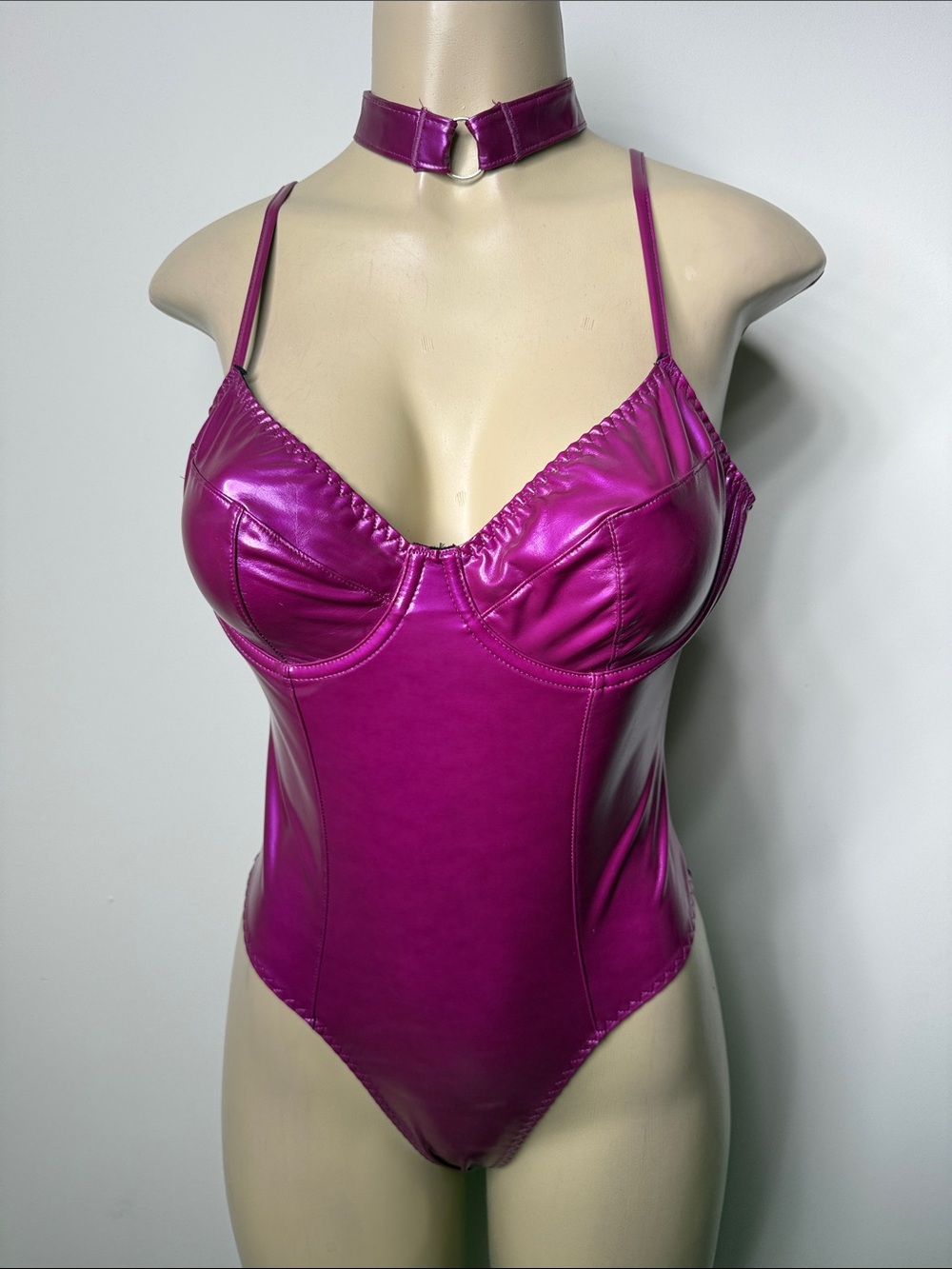 Fuchsia/purple  Faux Leather Bustier Bodysuit
